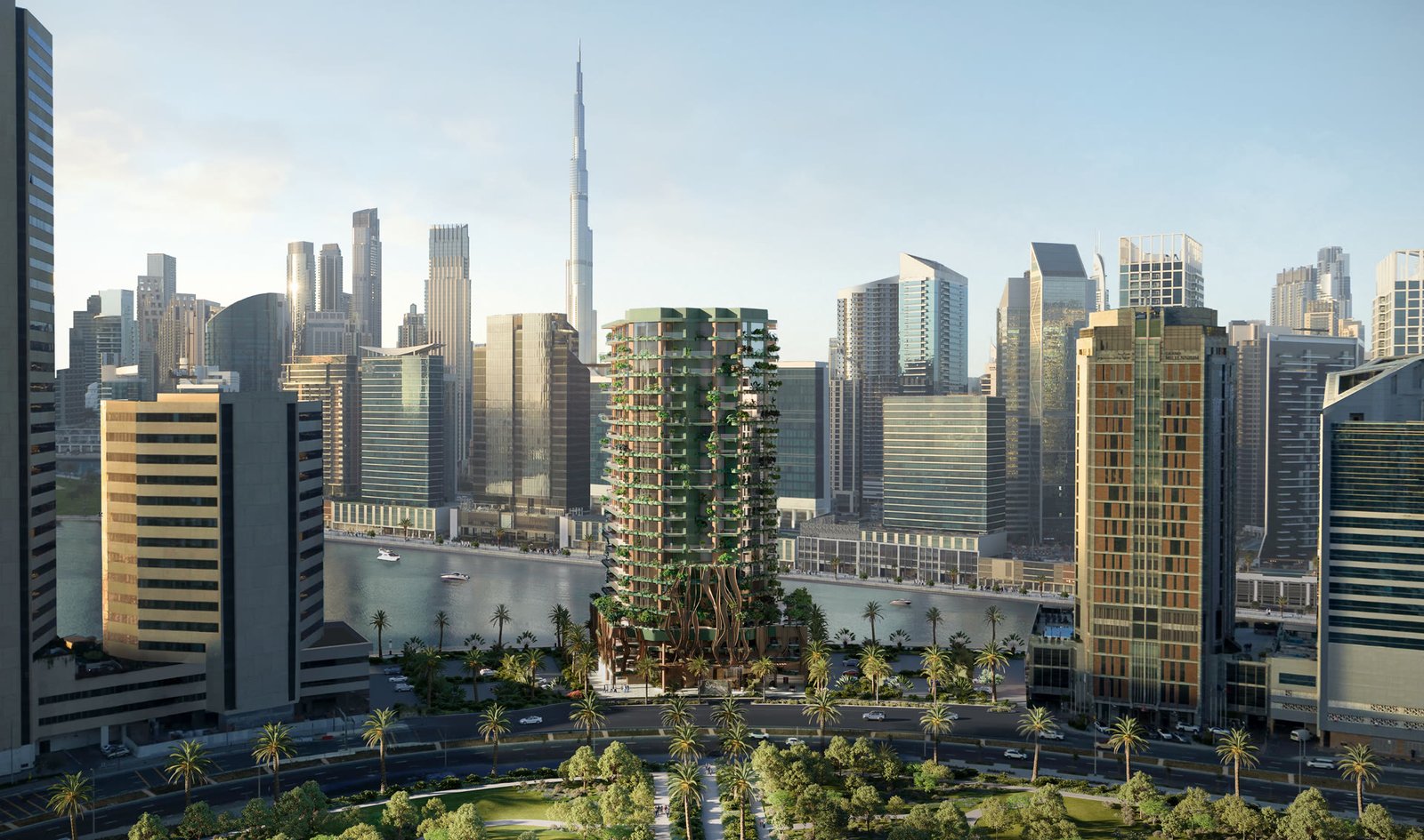 EYWA tower on the Dubai Canal with Burj Khalifa behind